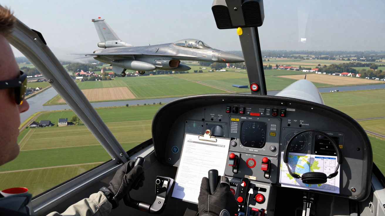 Vista do cockpit de um avião ligeiro com piloto, enquanto um caça militar voa próximo sobre campos verdes.