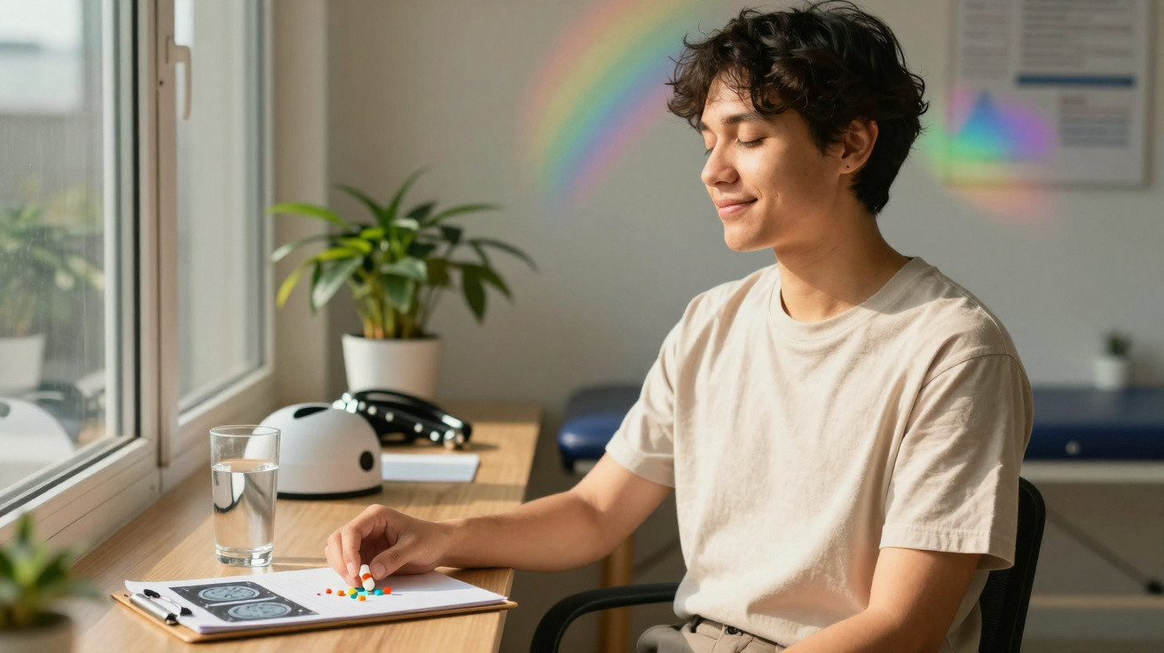 Homem jovem sorrindo sentado numa mesa de trabalho com pastilhas coloridas na mão e arco-íris na parede.