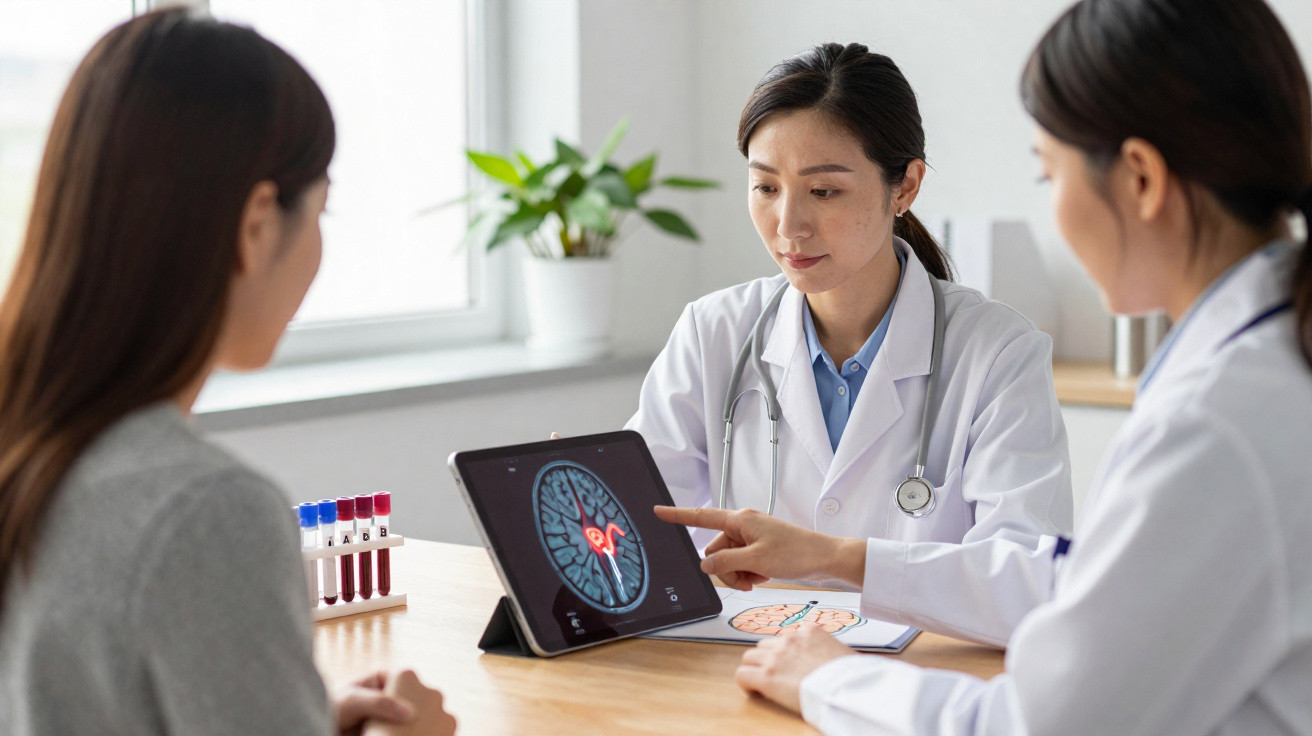 Duas médicas a analisar exame de cérebro num tablet enquanto explicam a uma paciente sentada à frente.