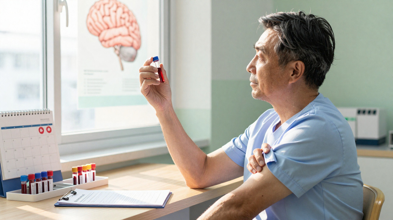 Homem a olhar para um tubo de ensaio com sangue numa clínica, com calendário e gráfico do cérebro ao fundo.