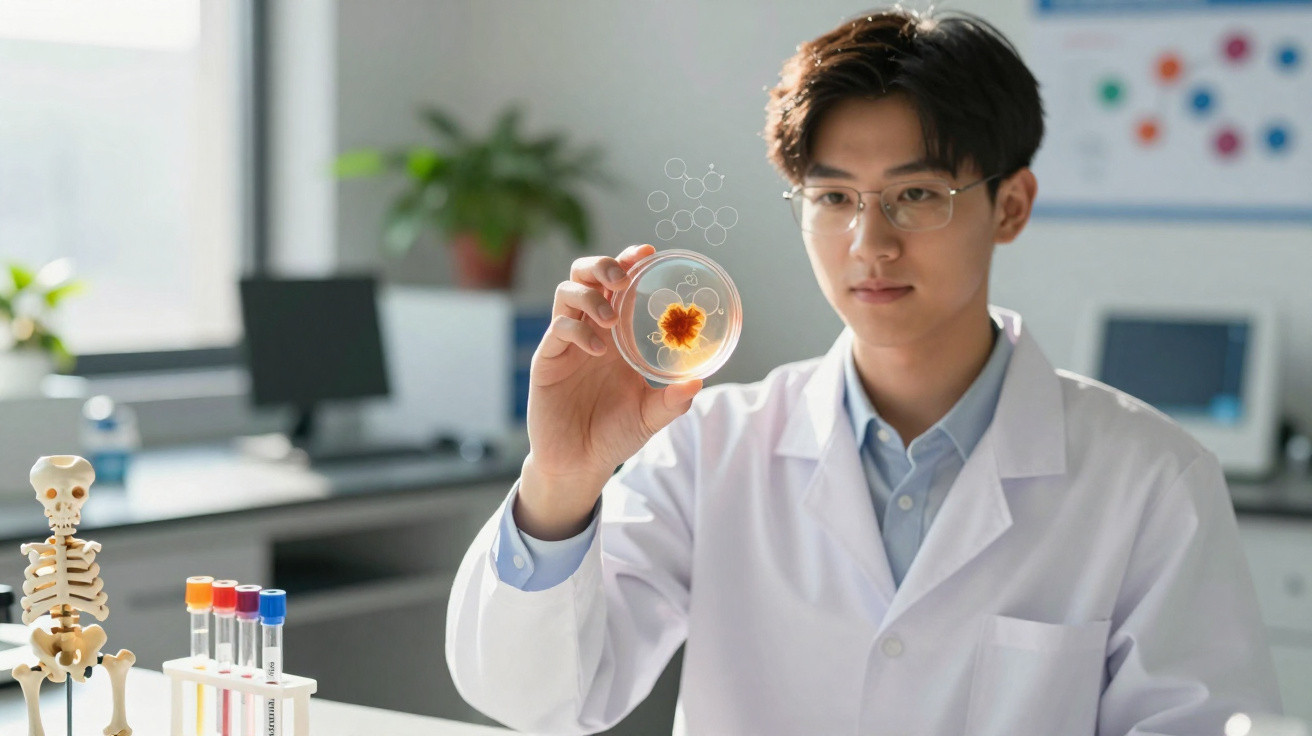 Cientista em laboratório observa cultura celular laranja num prato de Petri com microscópio.