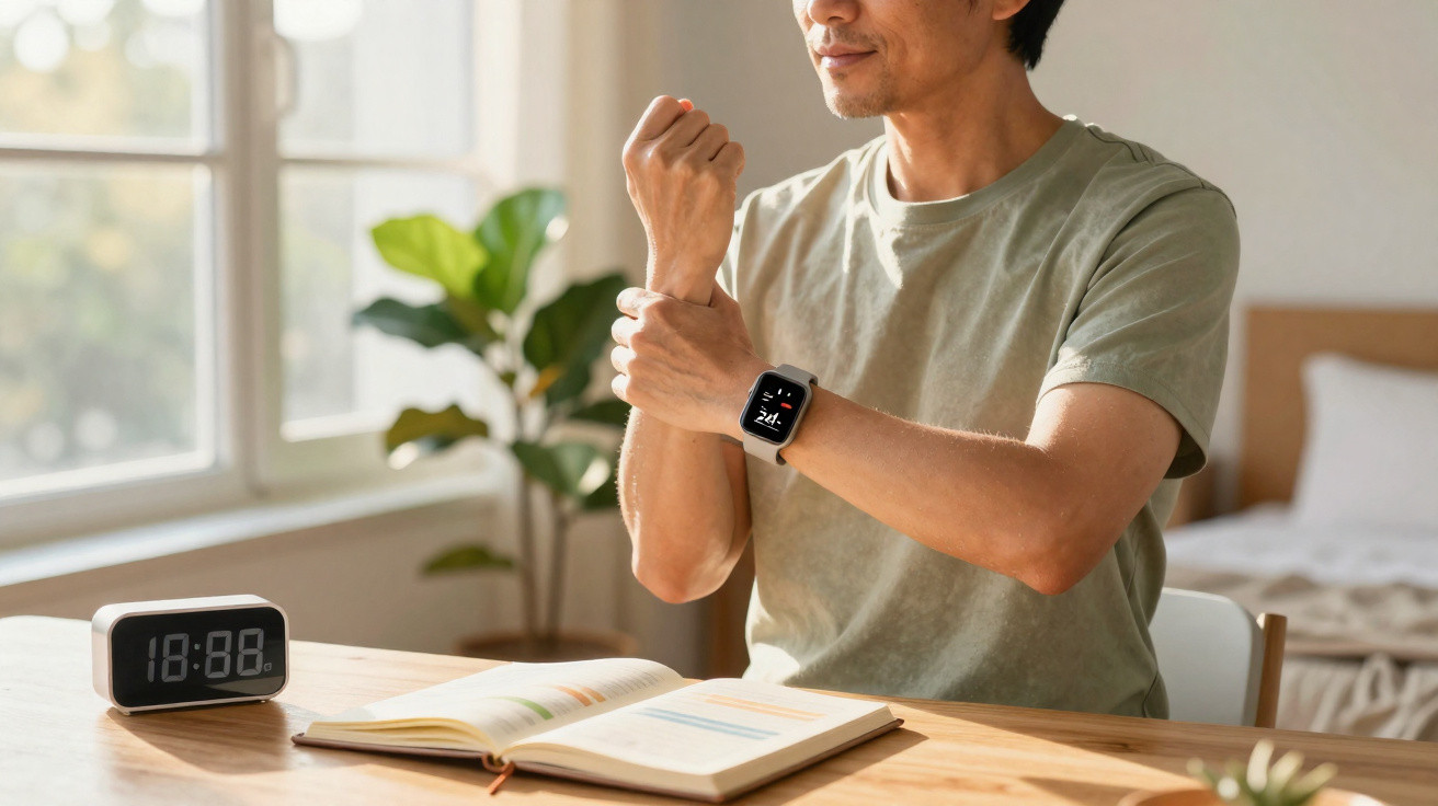 Homem a usar smartwatch enquanto estuda à mesa, com relógio digital e planta no fundo.
