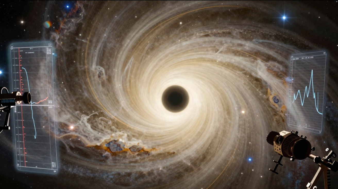 Buraco negro cósmico com disco de acreção luminoso e duas sondas espaciais com gráficos digitais ao lado.