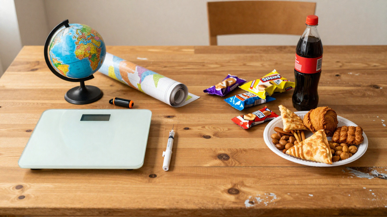 Mesa de madeira com globo, mapa, seringa, balança, snacks, refrigerante e prato de salgados variados.