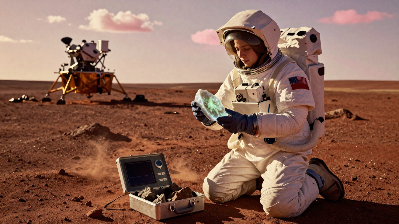 Astronauta ajoelhado em solo marciano examina cristal brilhante com equipamento ao lado.