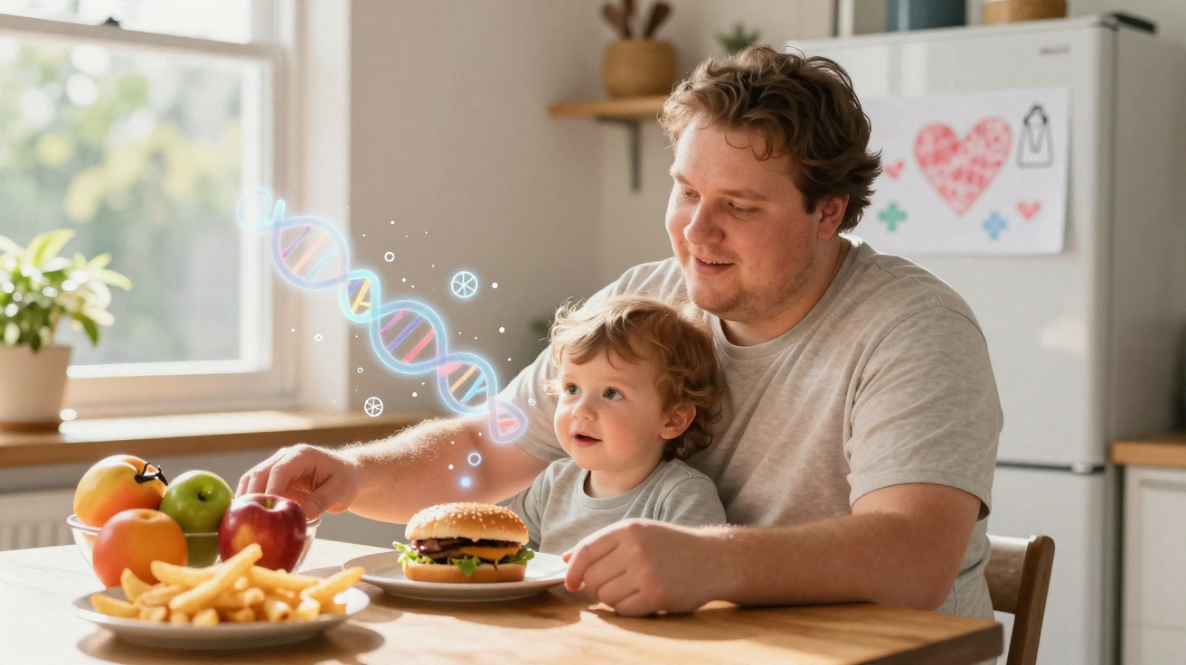 Pai e filho sentados à mesa na cozinha com hambúrguer e batatas fritas, com ilustração de ADN sobreposta.