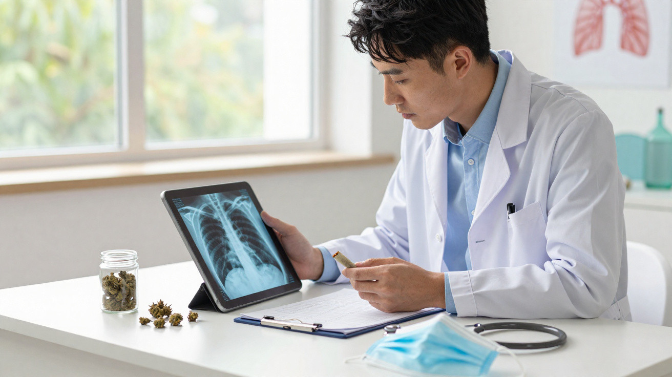 Médico examina uma radiografia de pulmões num tablet enquanto segura uma folha de cannabis num consultório.