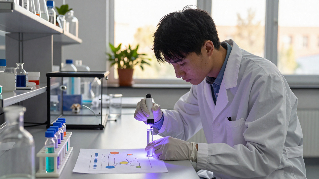 Cientista em laboratório a examinar folheto com moléculas usando luz ultravioleta e luvas brancas.