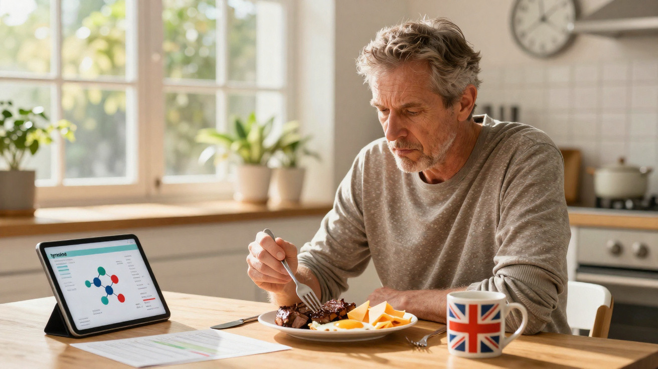 Homem sentado à mesa na cozinha a comer chocolate e frutas, com tablet e caneca com bandeira do Reino Unido.