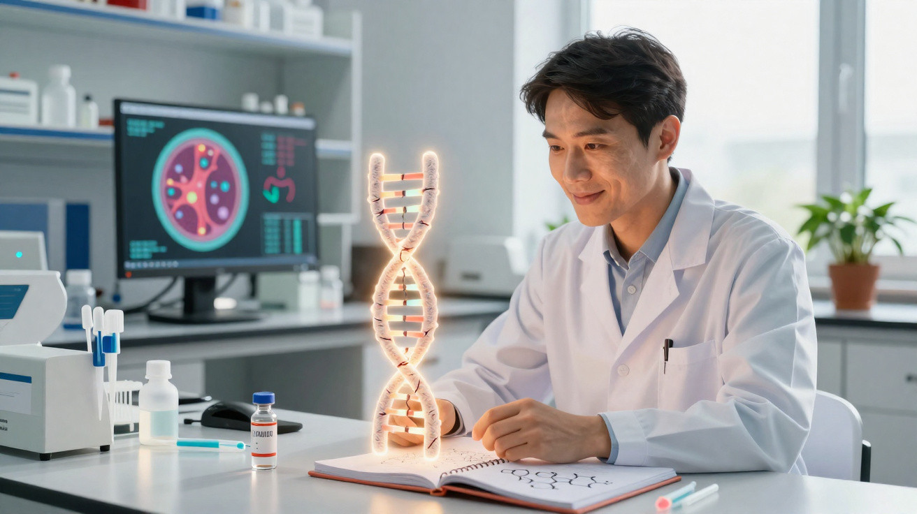 Cientista em laboratório a observar modelo digital de dupla hélice de DNA sobre livro aberto.