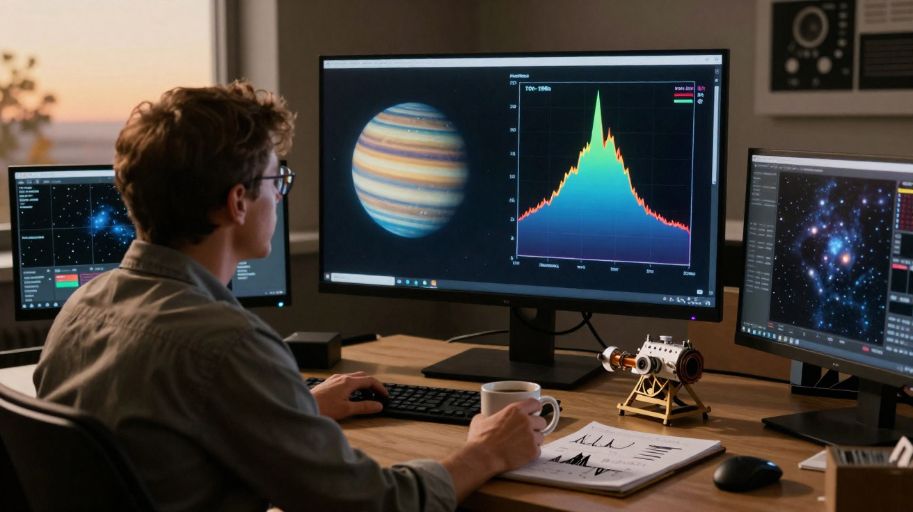 Homem a analisar imagens e gráficos de astronomia em três ecrãs, com mini telescópio e anotações na secretária.