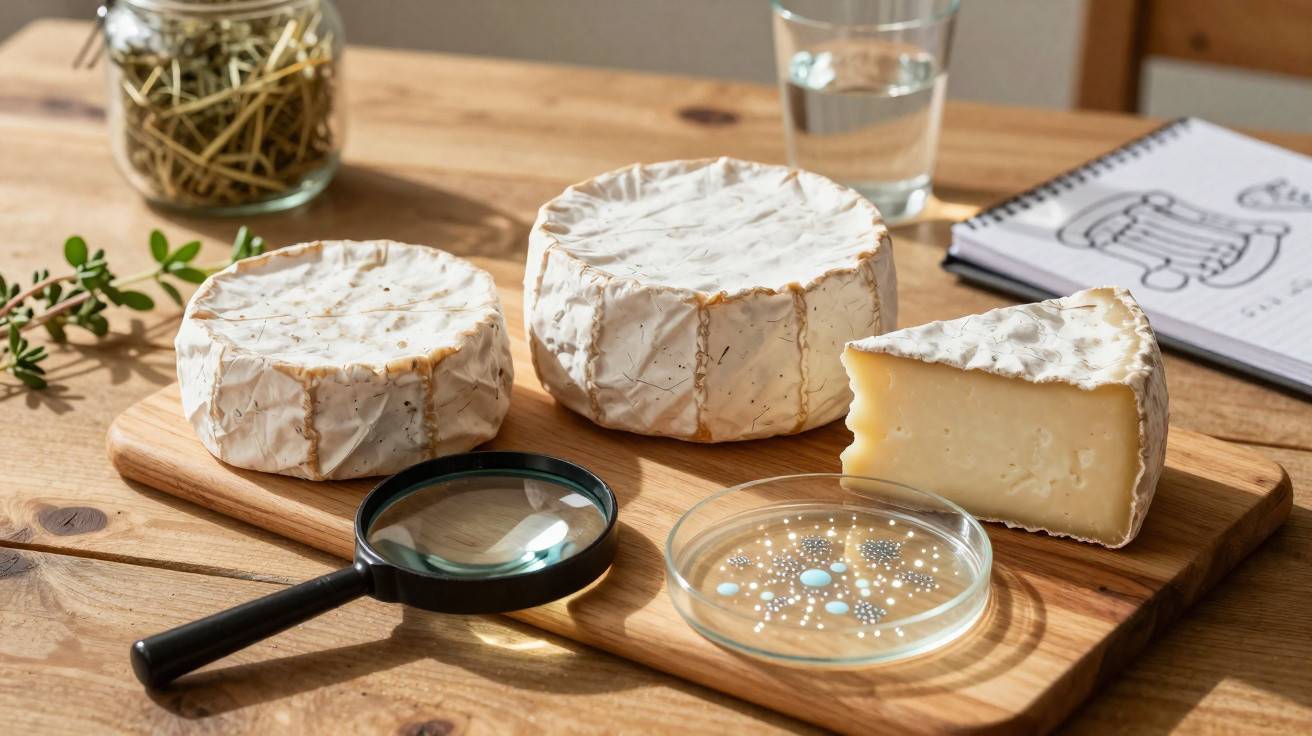 Queijos Camembert, lente de aumento e placa de Petri sobre tábua de madeira numa mesa.