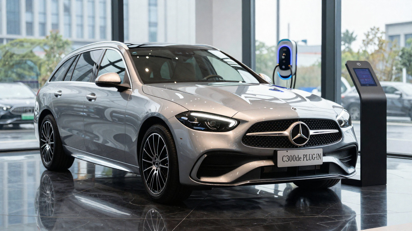 Automóvel Mercedes-Benz C300e Plug-in híbrido prata num salão de exposições moderno.