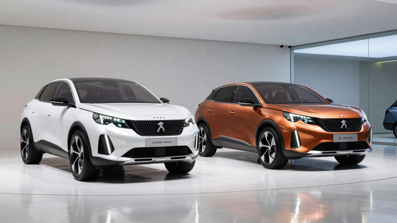 Dois carros Peugeot 3008 em exposição, um branco híbrido à esquerda e um laranja metálico à direita.