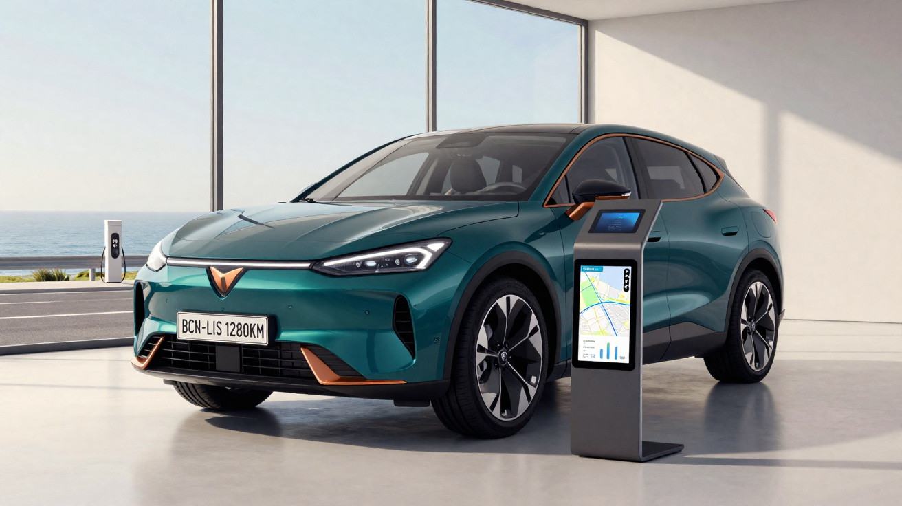 Carro elétrico compacto verde escuro com detalhes em cobre em exposição interior moderna junto a ecrã tátil.