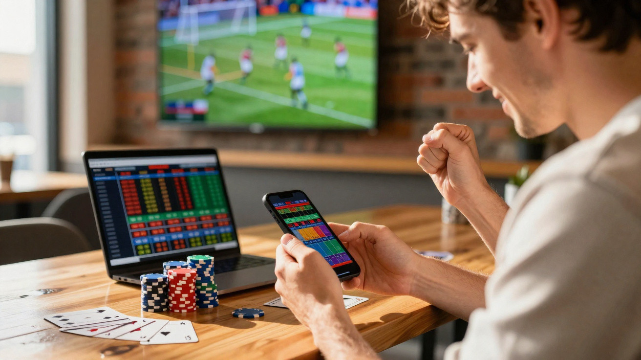 Homem a jogar poker online com telemóvel, fichas, cartas e computador numa mesa em casa com futebol na televisão.