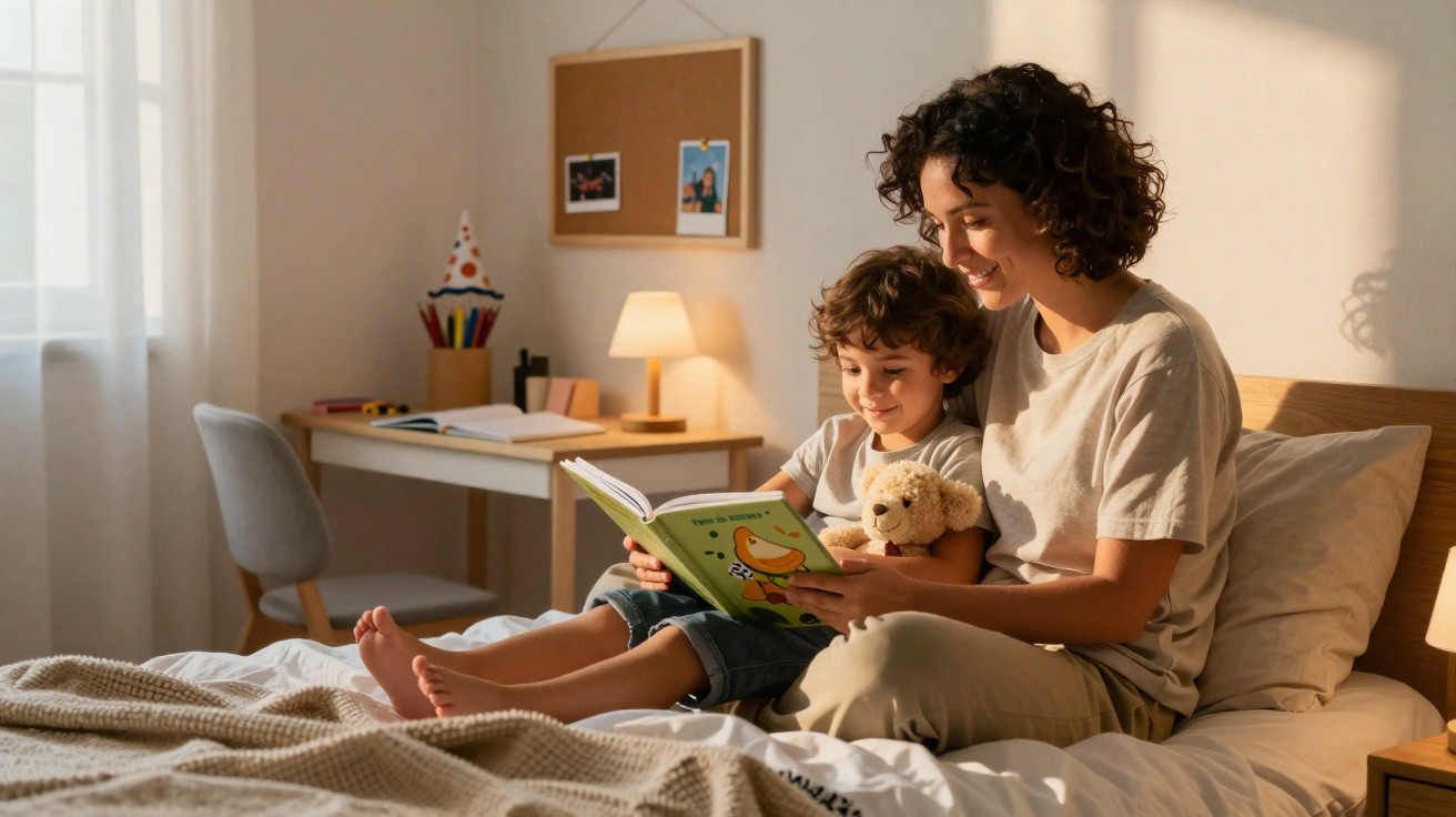 Mãe e filho sentados na cama a ler um livro infantil, luz suave e ambiente acolhedor no quarto.