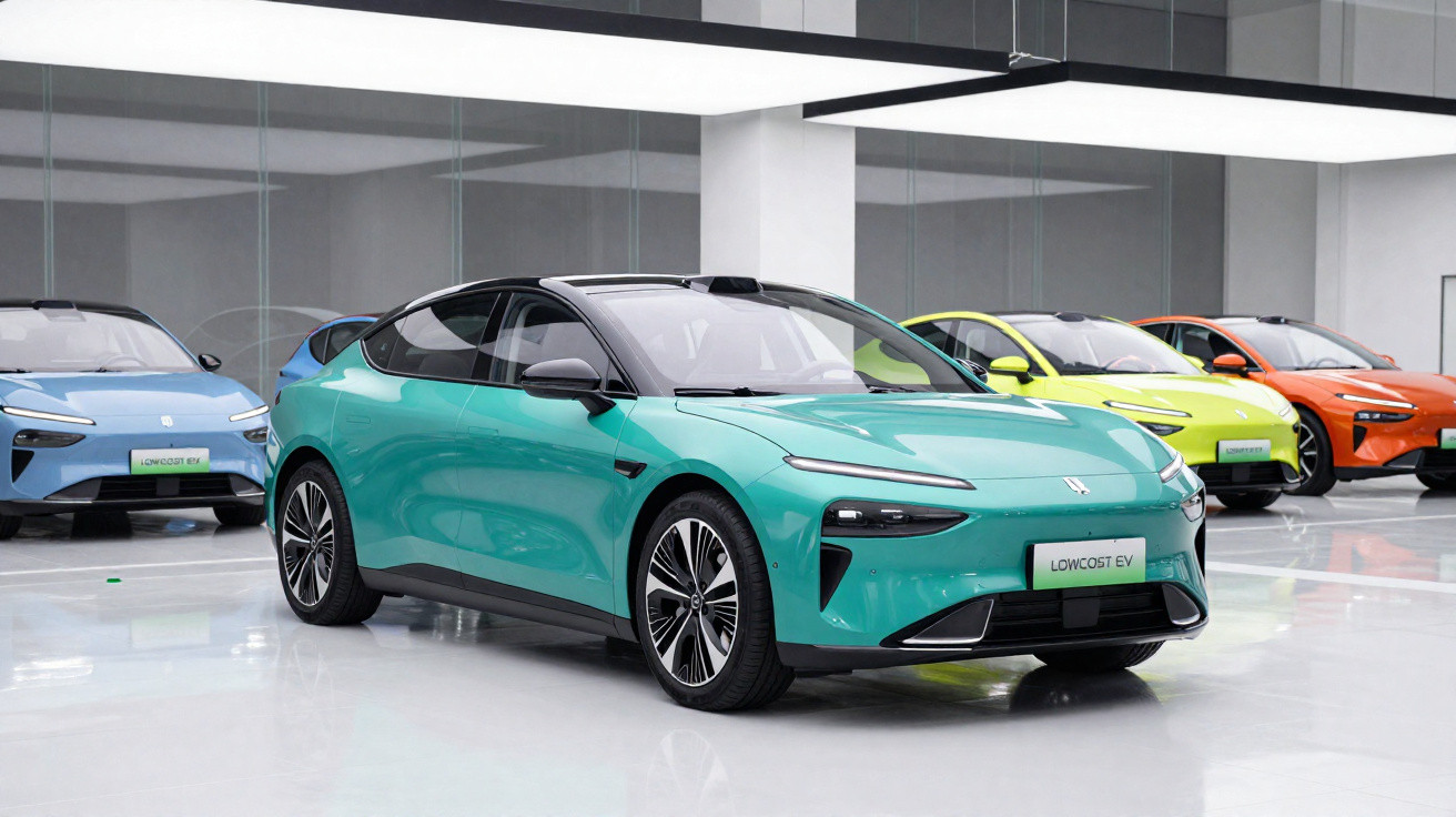 Carro elétrico azul em exposição dentro de showroom moderno com chão branco e paredes espelhadas.