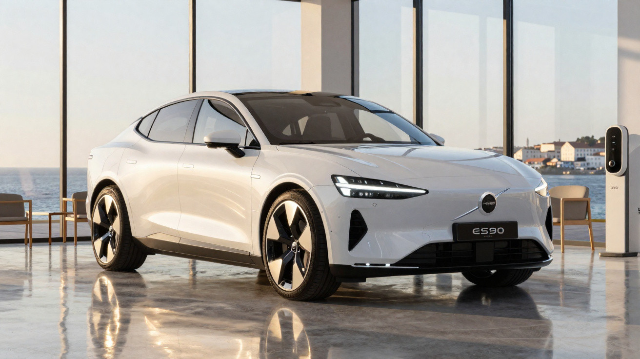 Carro elétrico branco modelo ES90 estacionado numa garagem moderna com vista para o mar.