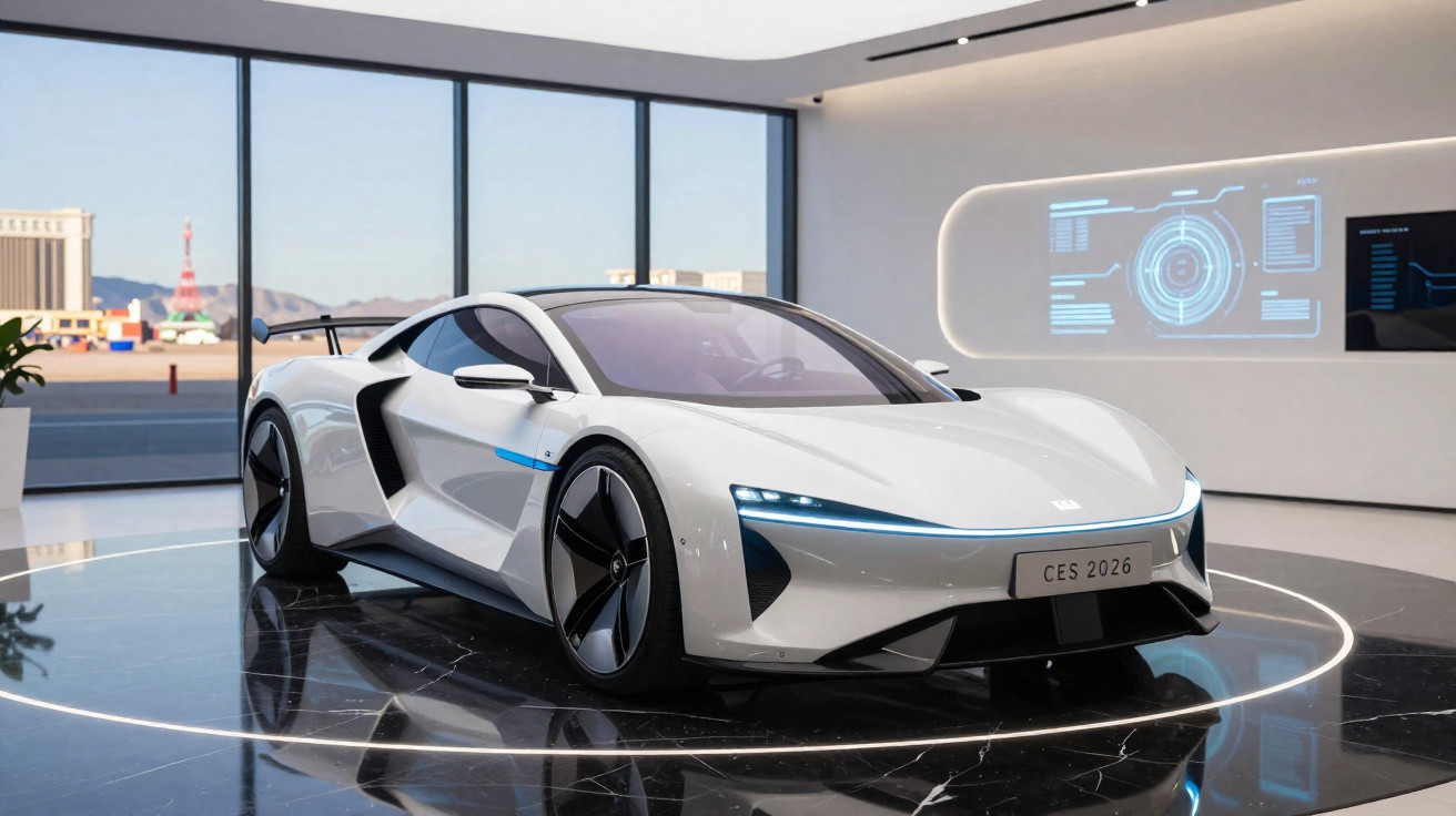 Carro desportivo elétrico branco moderno exposto em salão com janelas amplas e painéis digitais.