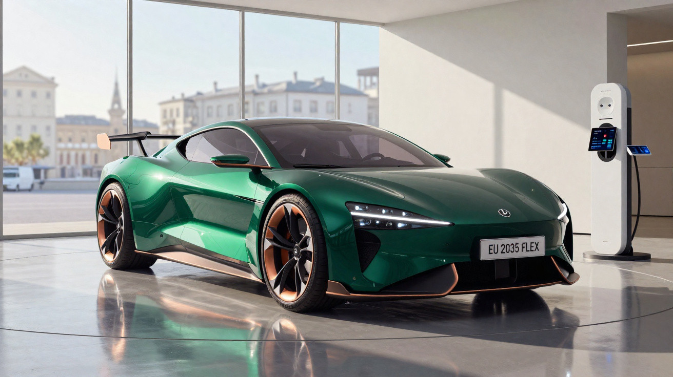 Carro desportivo elétrico verde com detalhes dourados estacionado numa garagem moderna com carregador elétrico.