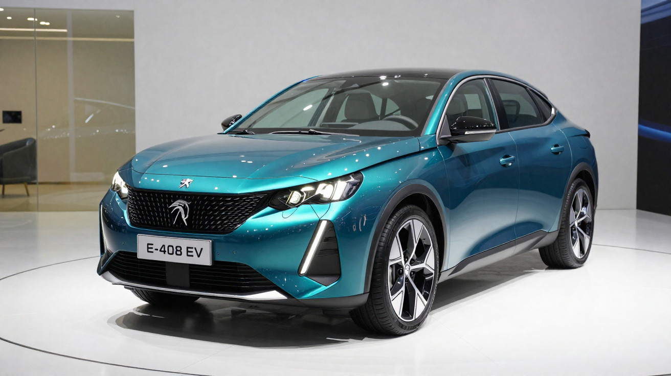 Carro elétrico Peugeot E-408 EV azul exposto em salão automóvel com luzes ligadas.