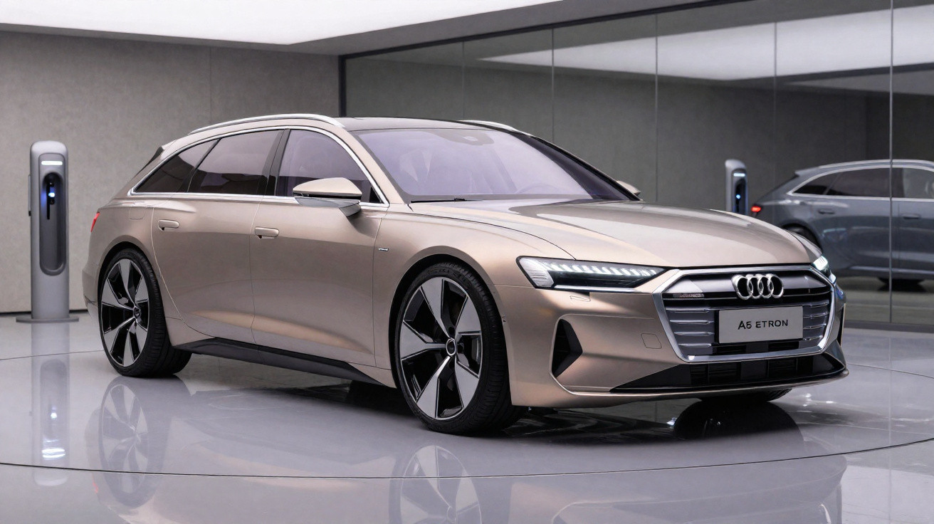 Carro elétrico Audi A6 e-tron prateado estacionado em interior moderno com espelho ao fundo.