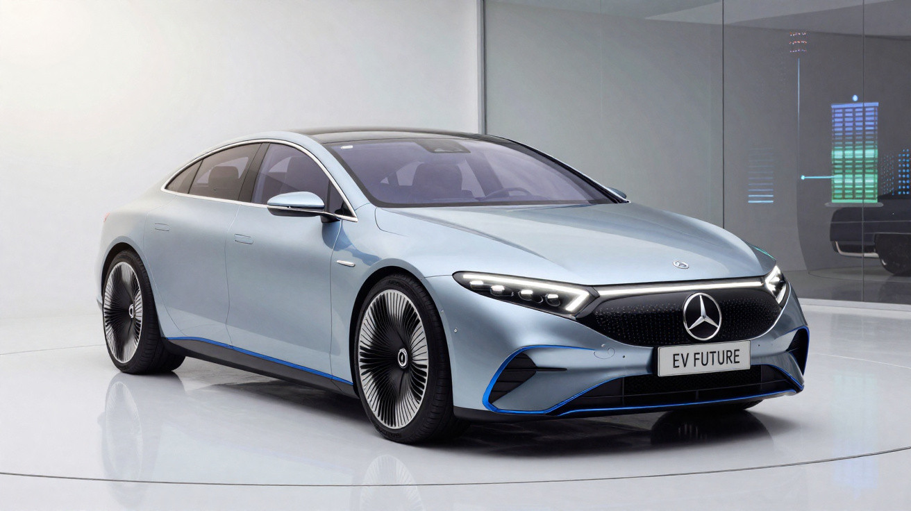 Carro elétrico Mercedes-Benz EV Future cinza claro com design futurista em exposição interior minimalista.