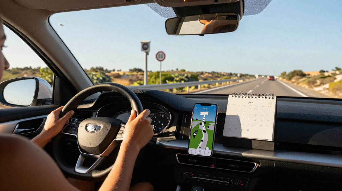 Interior de carro com condutor, telefone a mostrar GPS e calendário na data de junho, estrada vazia ao fundo.