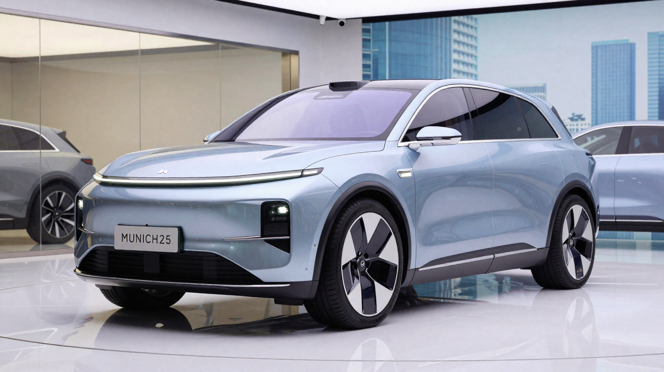 Carro elétrico moderno cinzento prateado num ambiente interior futurista com jantes aerodinâmicas e vidros escurecidos.