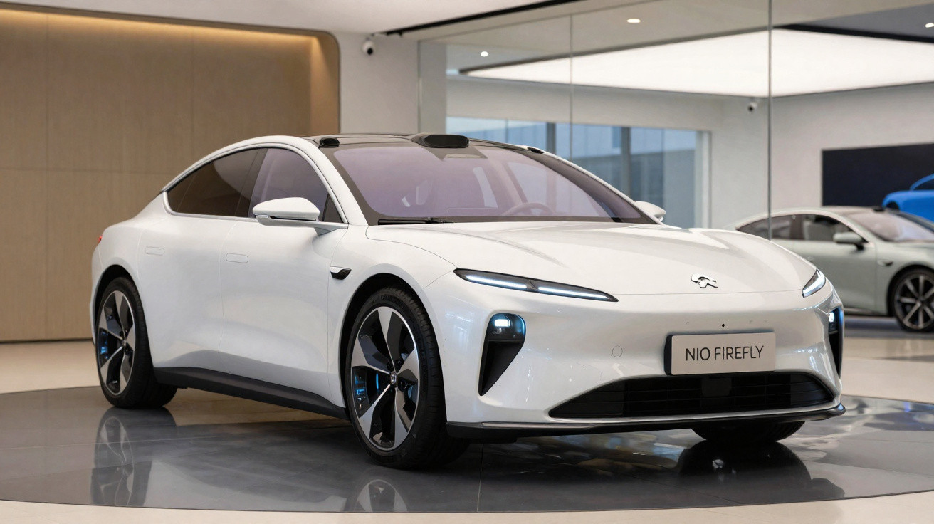 Carro elétrico branco NIO FIREFLY estacionado em ambiente interior moderno com grandes janelas de vidro.