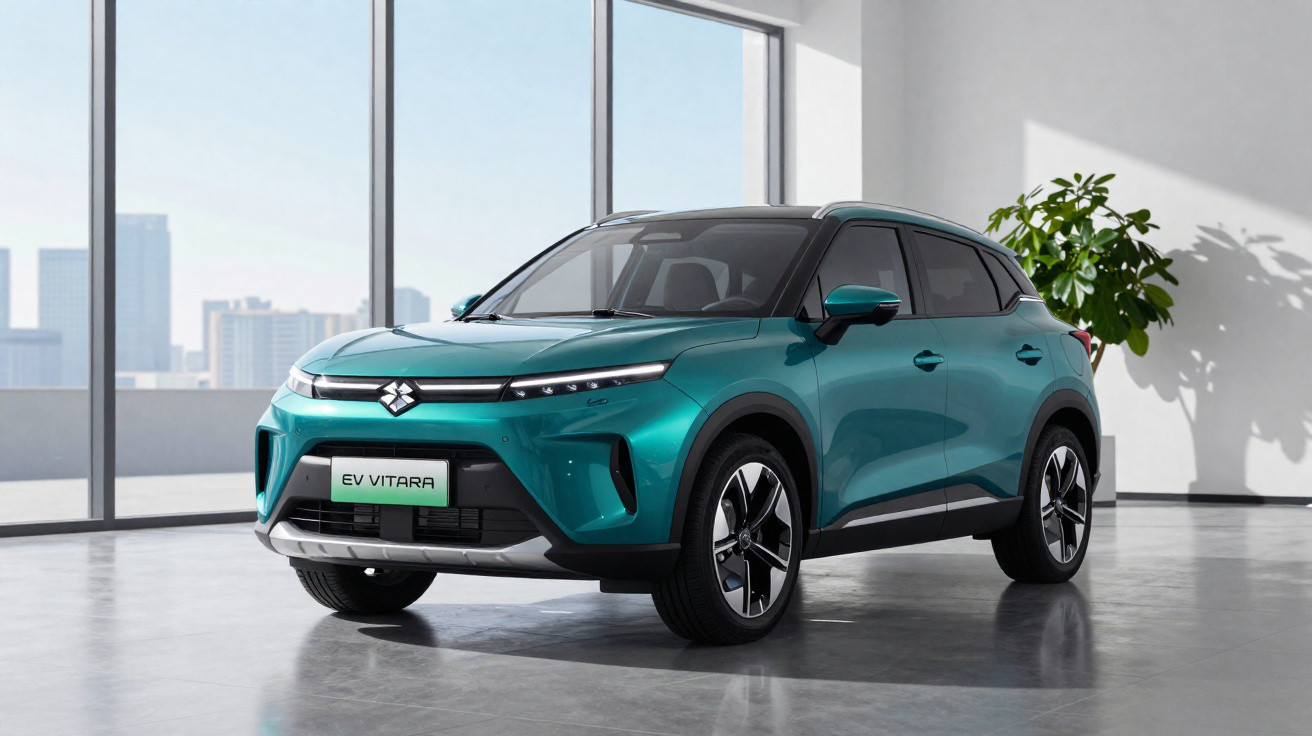 Carro elétrico Suzuki EV Vitara verde azul numa sala moderna com janelas grandes e planta verde ao fundo.