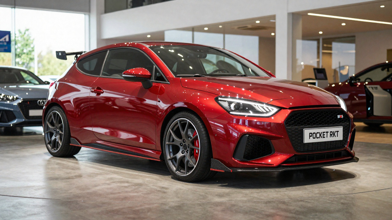Carro desportivo vermelho com jantes pretas exibido num salão de automóveis moderno.