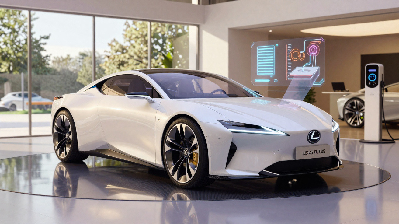 Carro elétrico branco Lexus futurista num showroom moderno com estação de carregamento ao lado.