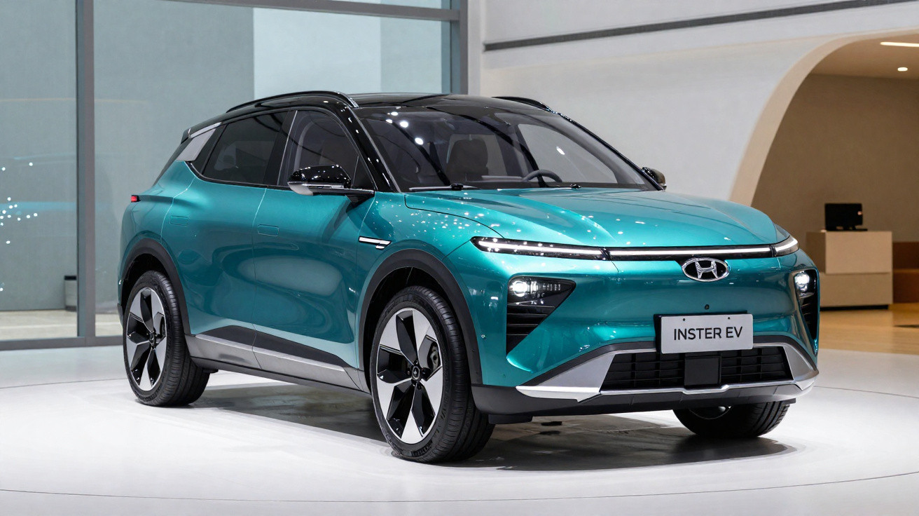 Carro elétrico Hyundai Instert EV azul metálico exibido num showroom moderno e minimalista.