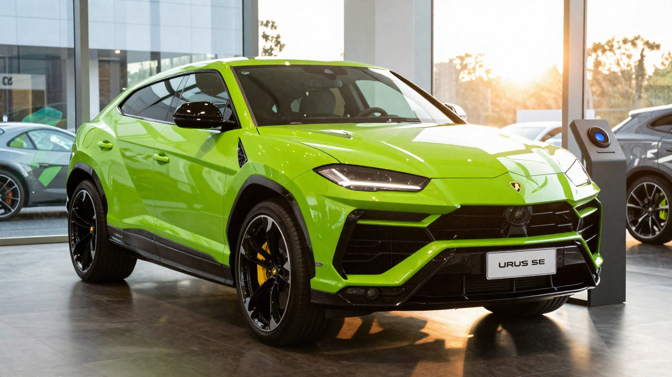 Carro Lamborghini Urus SE verde exótico estacionado em interior de showroom moderno.