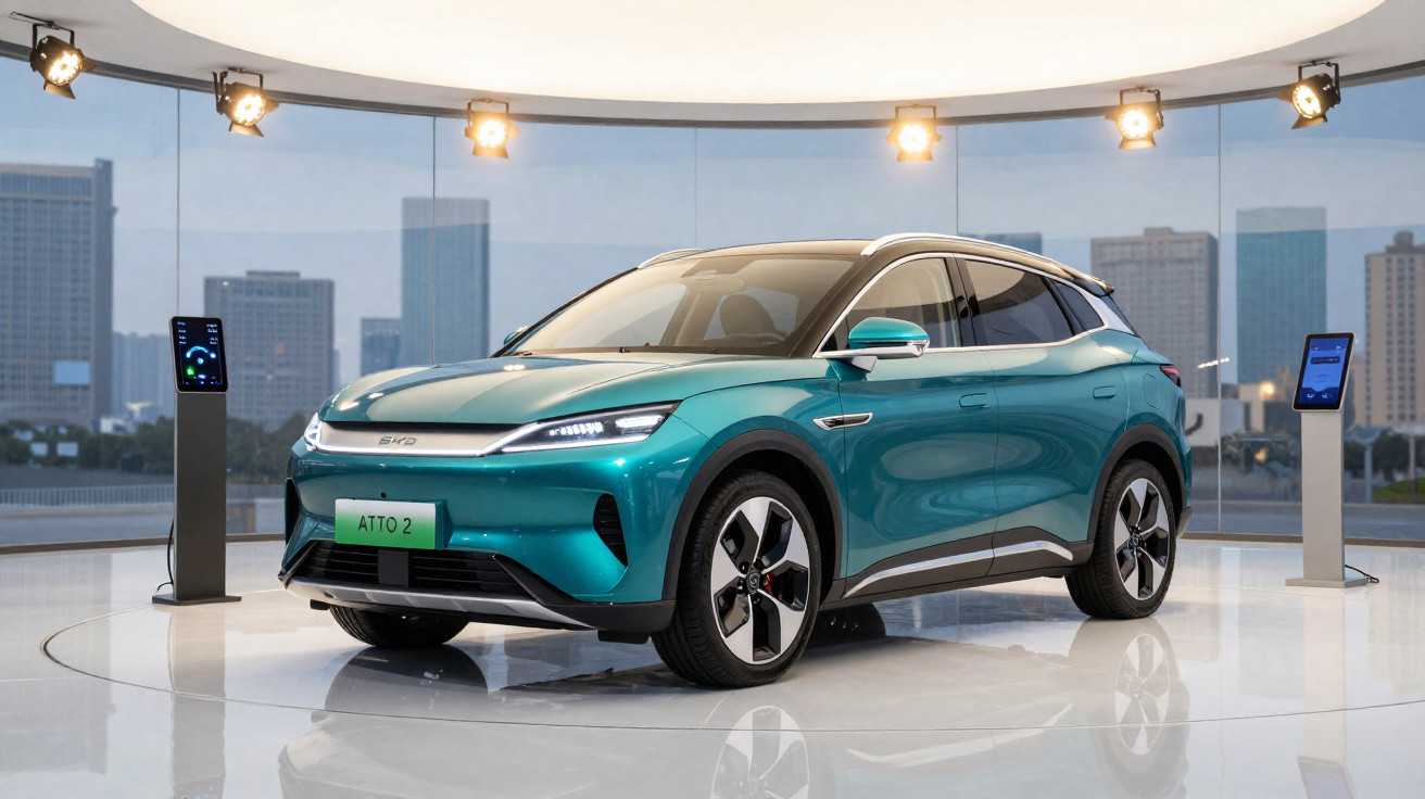 Carro elétrico azul ATTO 2 estacionado numa sala moderna com janelas de vidro e painéis de controlo digitais.