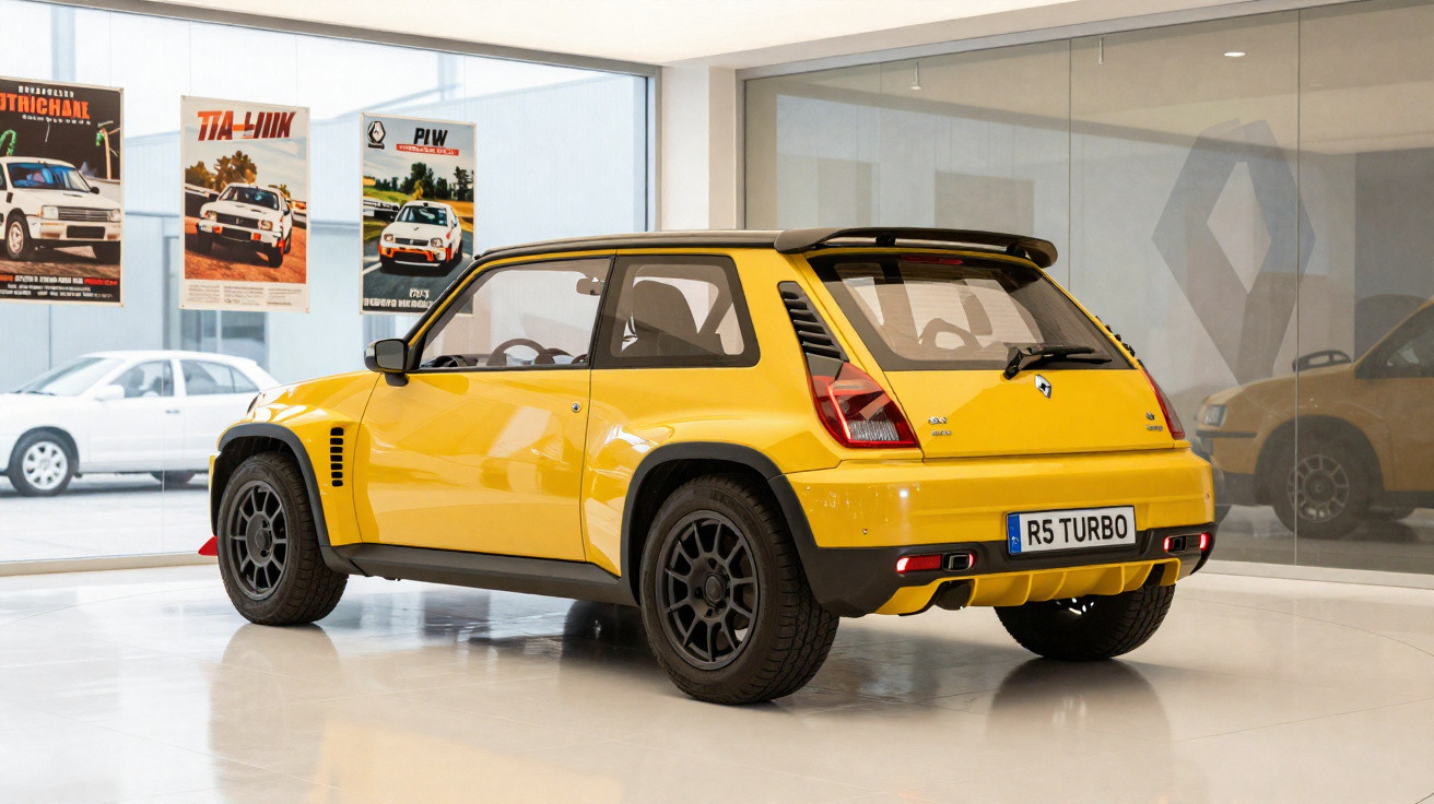 Carro amarelo compacto Renault 5 Turbo R5 num showroom com paredes brancas e cartazes vintage.