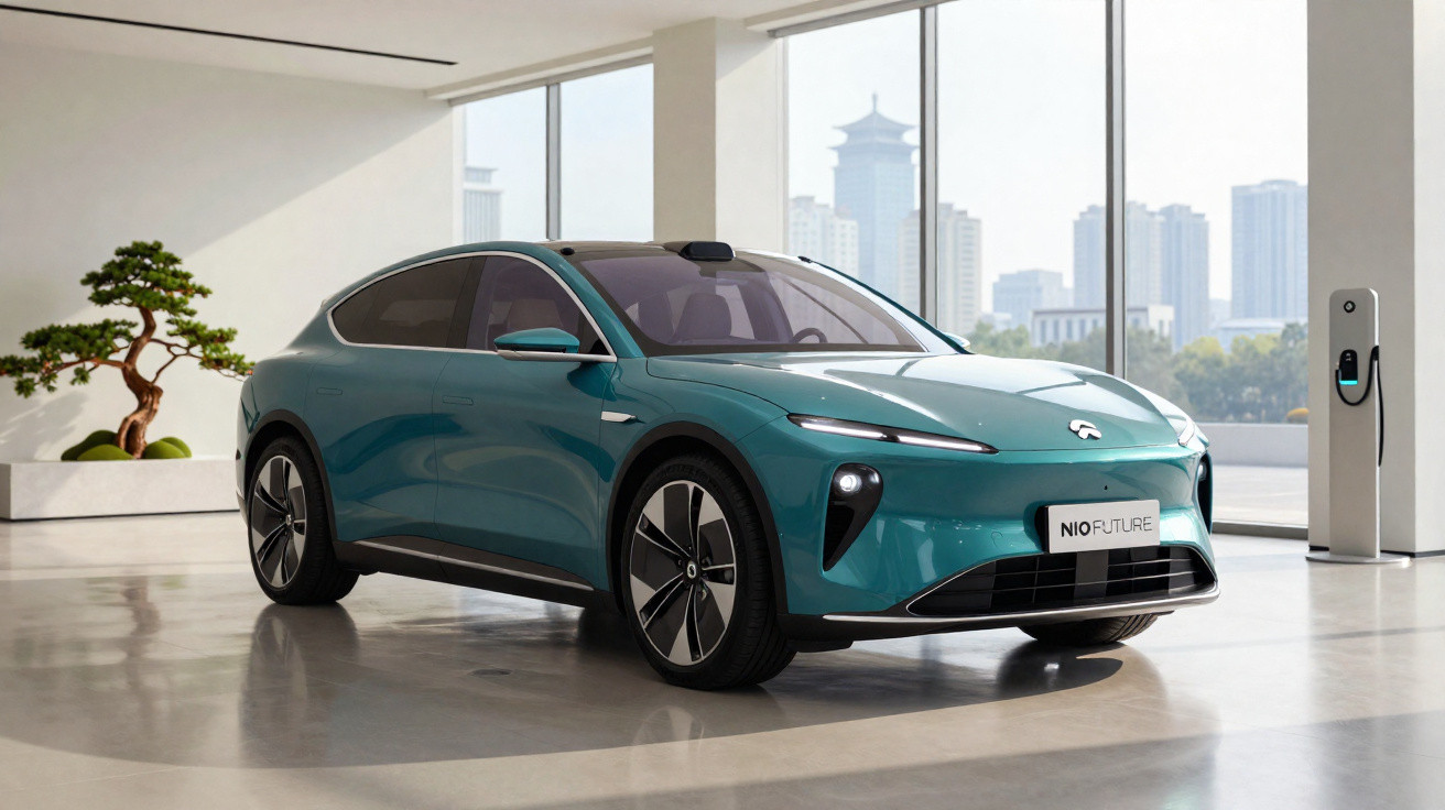 Carro elétrico azul metálico NIO estacionado num espaço interior moderno junto a uma estação de carregamento.