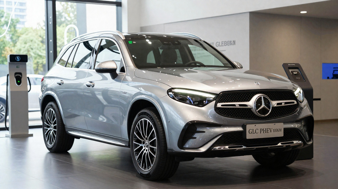 Mercedes-Benz GLC PHEV cinzento estacionado em showroom moderno com carregadores elétricos ao fundo.