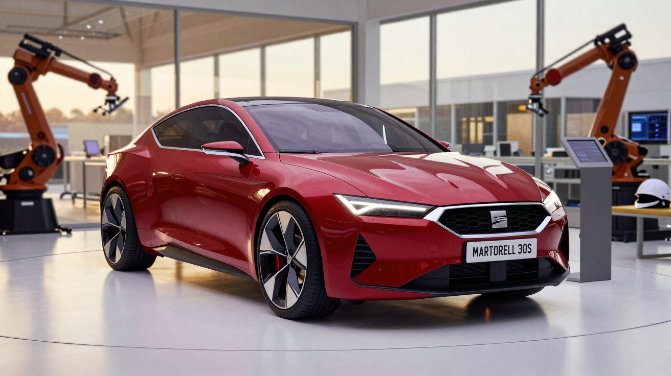 Carro desportivo vermelho Seat Martorell 30S numa linha de produção com robots industriais ao fundo.