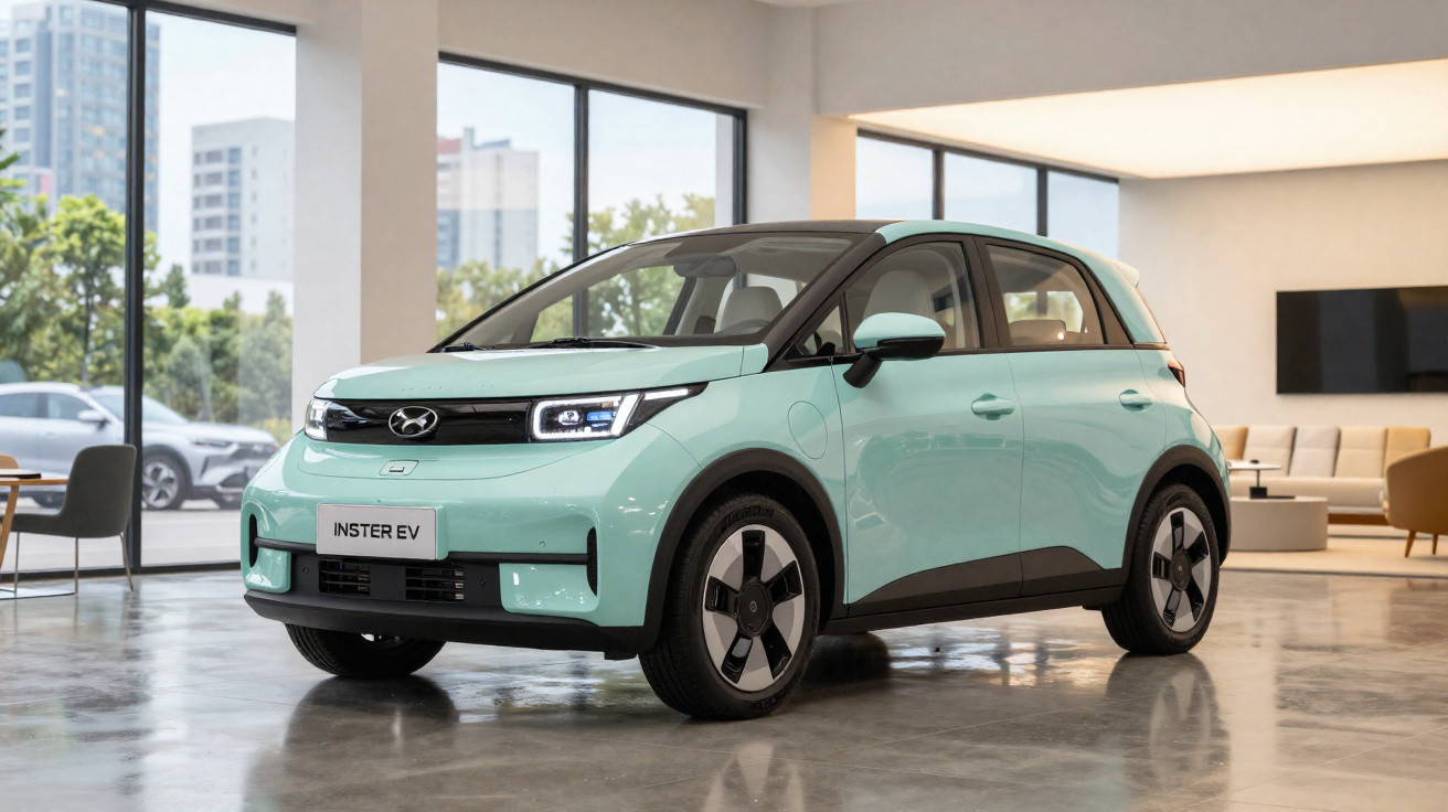 Carro elétrico compacto Thon Inster EV verde água com tejadilho preto, num espaço interior moderno e iluminado.