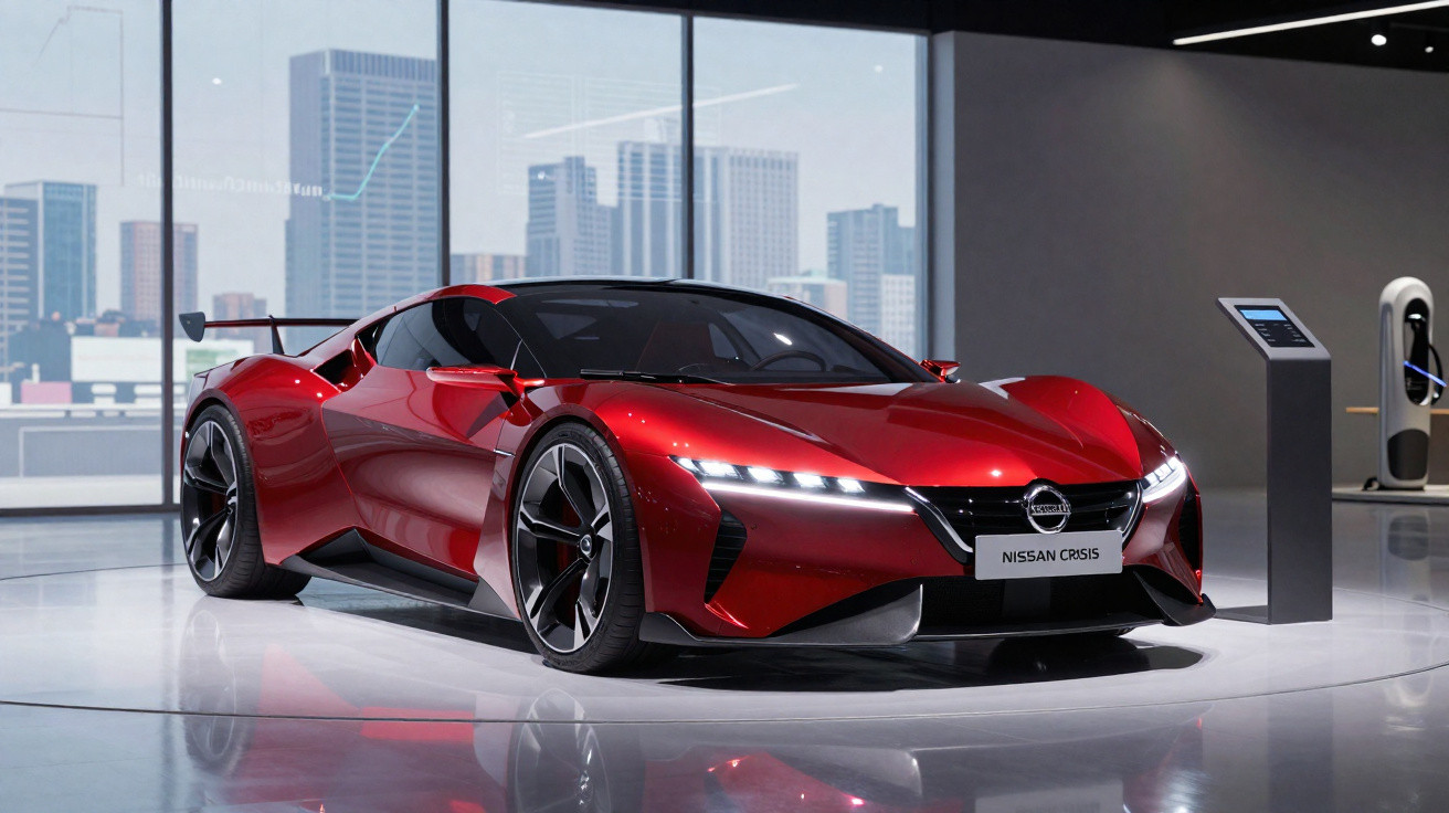 Carro desportivo elétrico vermelho Nissan Grise exibido num salão moderno com vista para cidade.