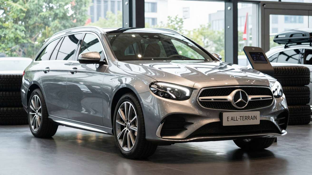 Mercedes-Benz E All-Terrain prateado estacionado em showroom moderno com janelas amplas.