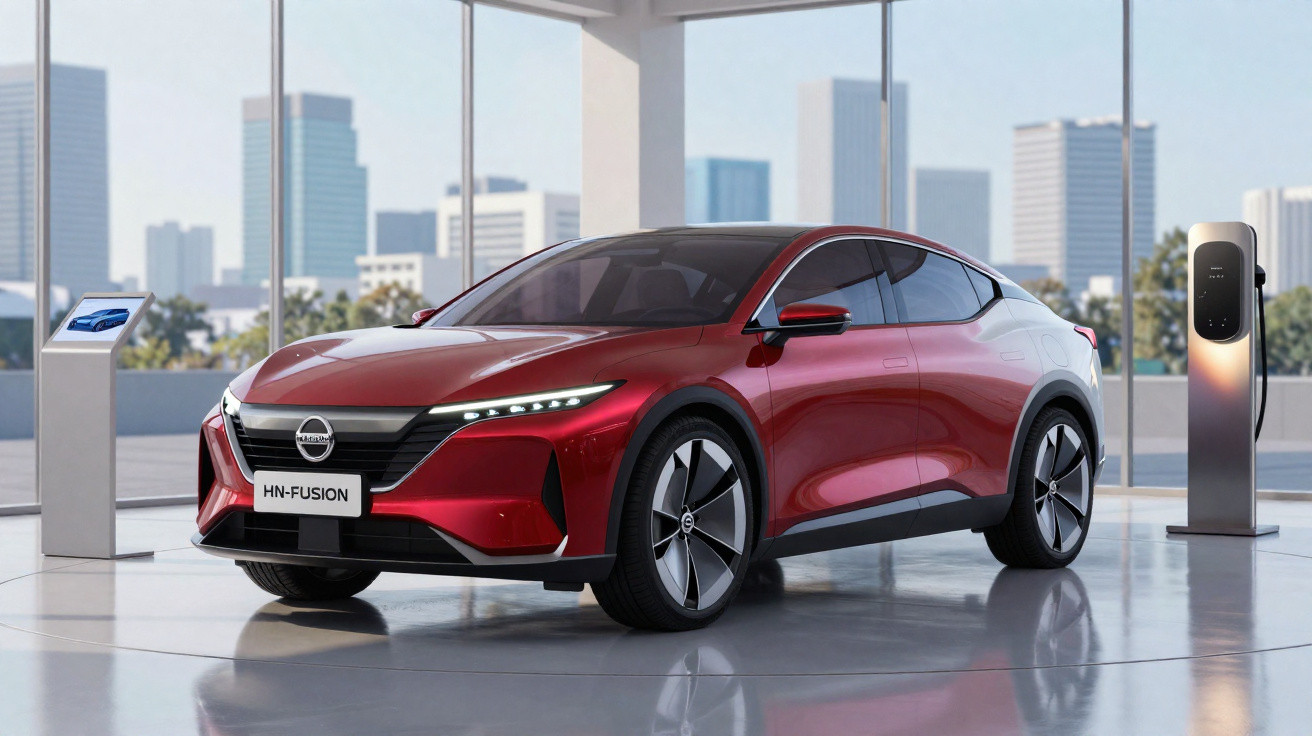 Carro elétrico vermelho estacionado numa garagem moderna junto a um carregador elétrico.