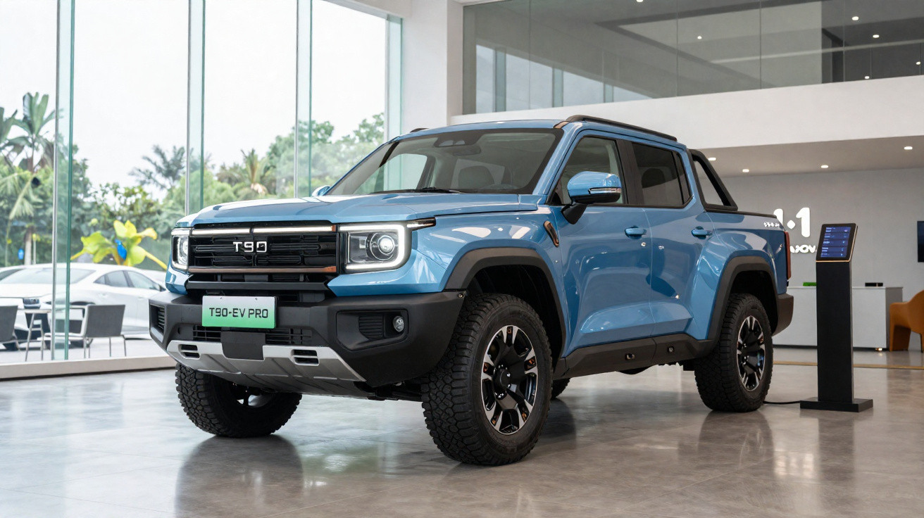 Picape elétrica azul T90-EV PRO T96 exposta numa sala de showroom moderno com grandes janelas.