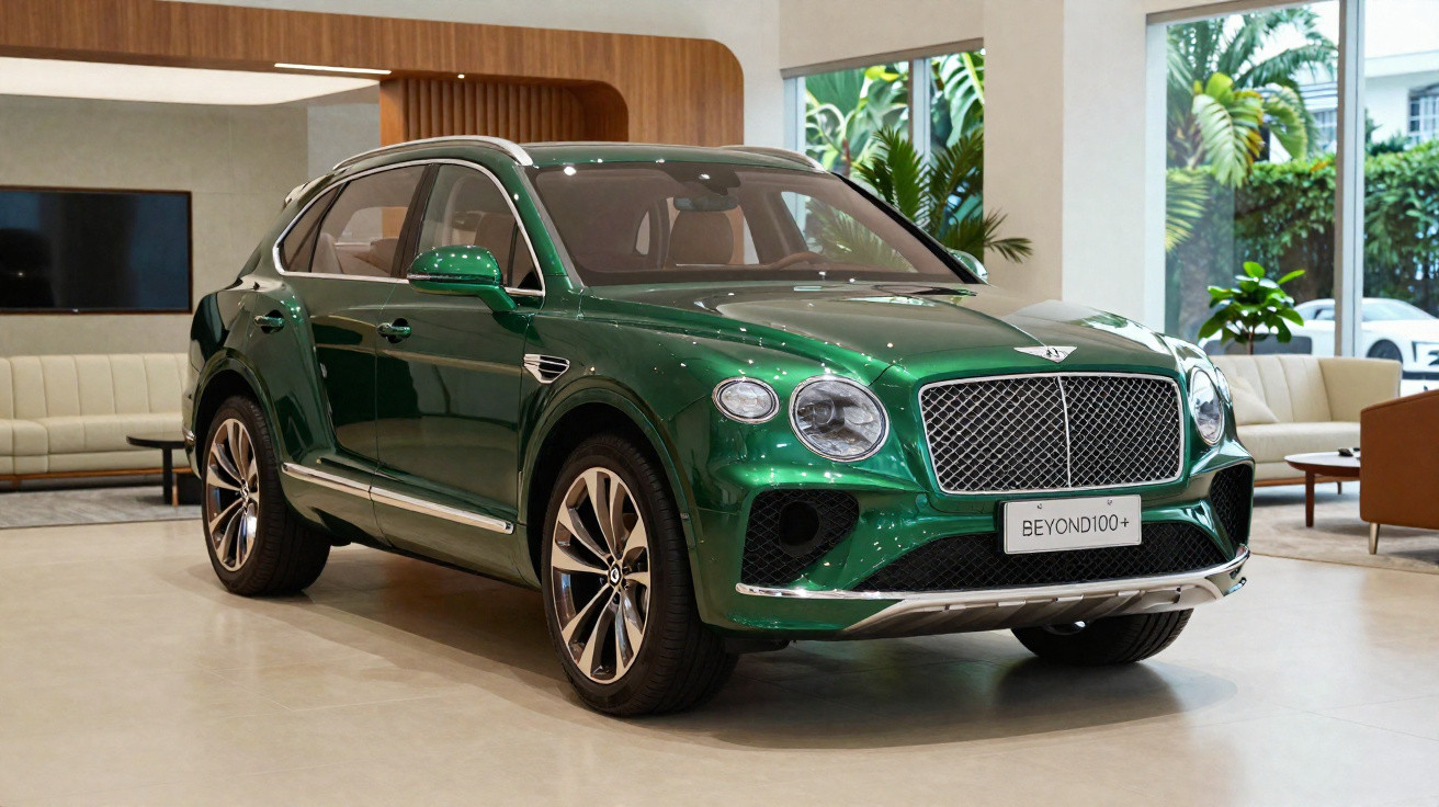 Automóvel SUV Bentley verde estacionado em interior moderno com grandes janelas e móveis claros.