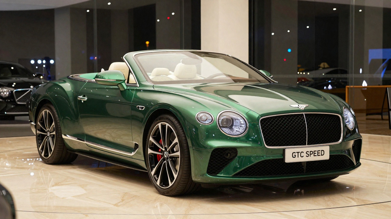 Convertible Bentley GTC Speed em verde metálico em exibição num salão moderno.