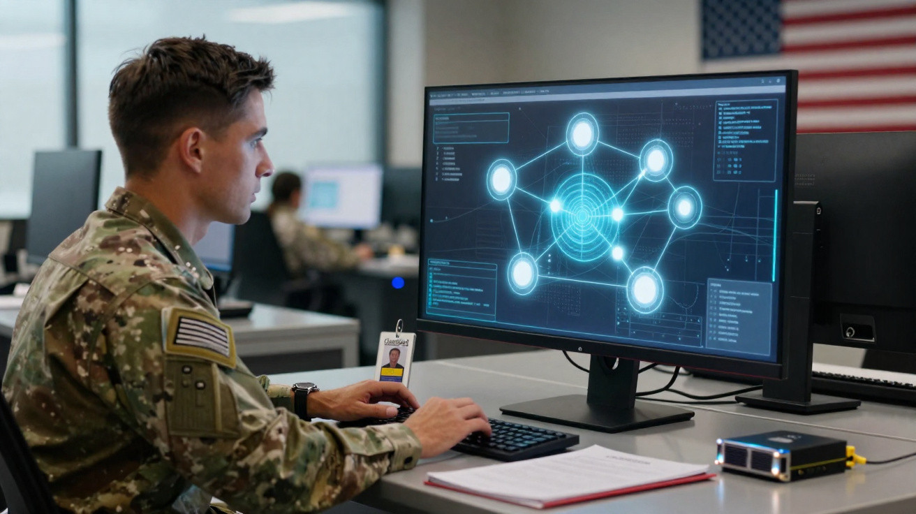 Militar em uniforme camuflado interage com gráfico de rede digital num ecrã de computador no escritório.