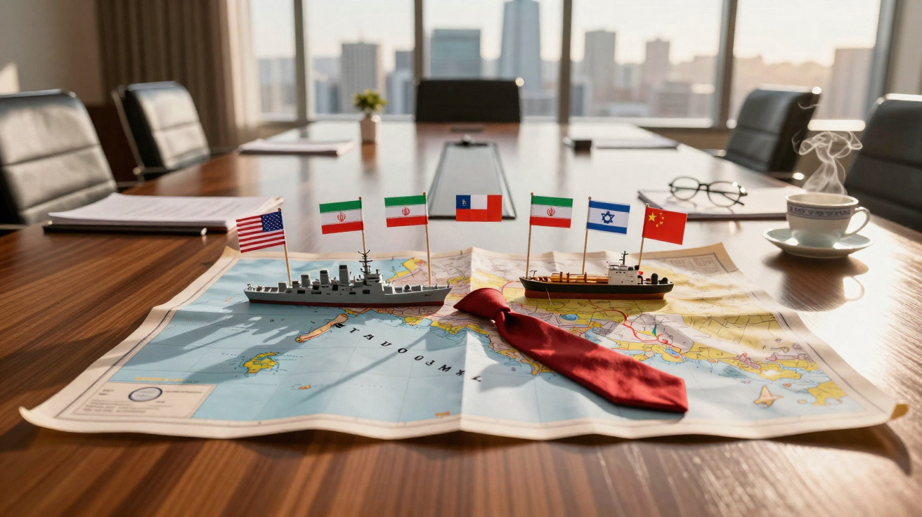 Sala de reuniões com mapa, miniaturas de navios e bandeiras dos EUA, Irão, Israel e China sobre a mesa.